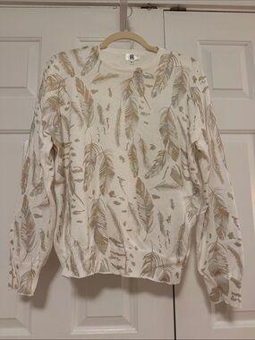Lightweight Feather-Print Crewneck Sweater - White & Tan